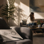 Couple having a serious conversation in a counseling room with a notebook in the foreground representing the therapist’s clinical observations.