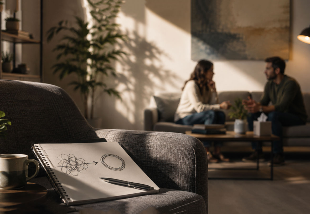 Couple having a serious conversation in a counseling room with a notebook in the foreground representing the therapist’s clinical observations.